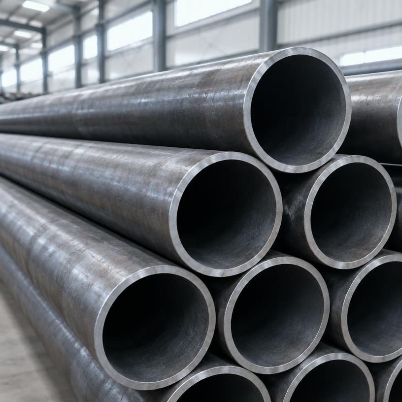 Carbon steel seamless pipes stacked — Hiren Pipes & Fittings