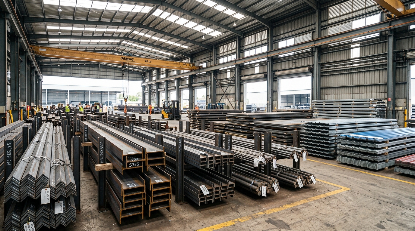Structural steel stockyard — angles, channels, beams, bars, sheets — Hiren Pipes & Fittings